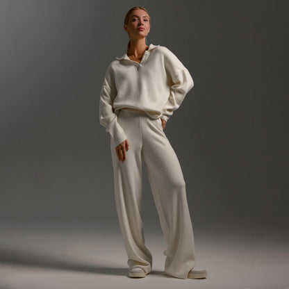 Cream knit polo sweater with wide-leg trousers, women's casual set