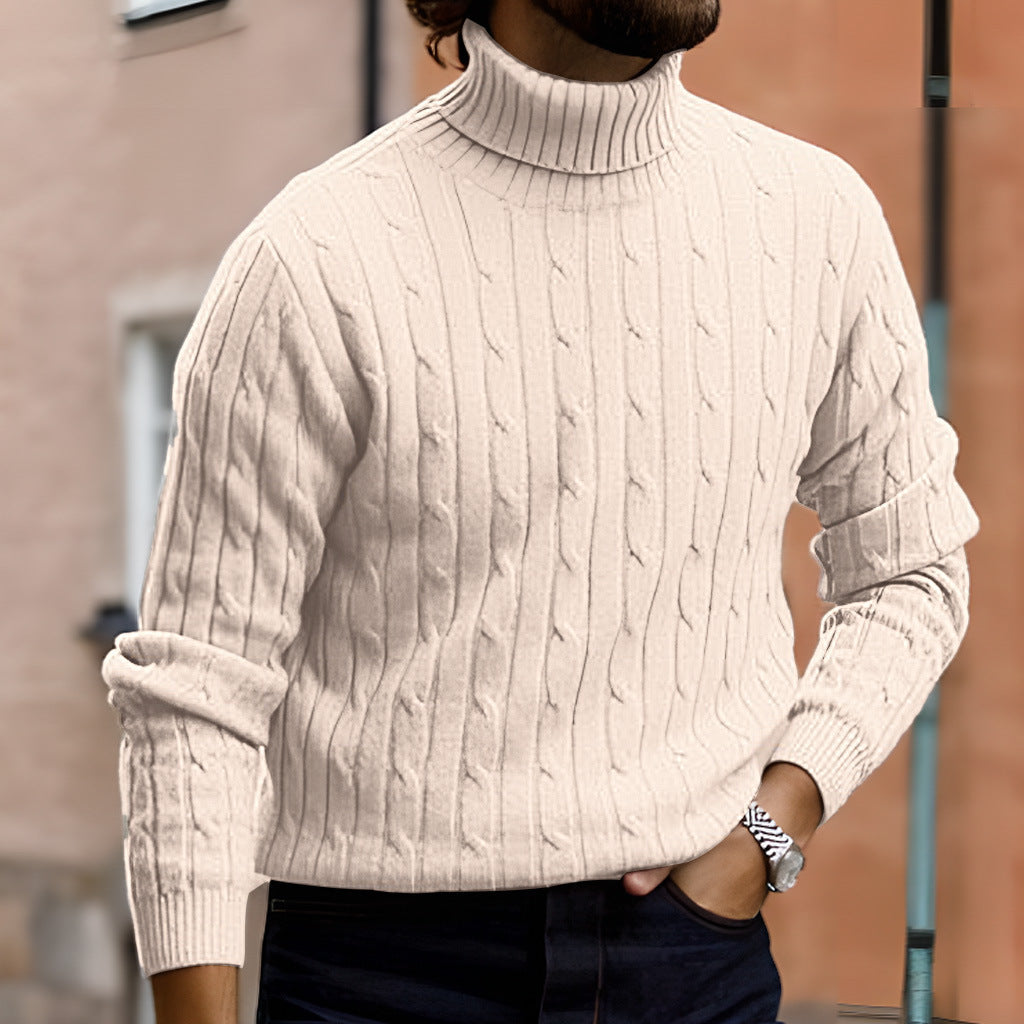 Men's cream ribbed roll-neck cable-knit jumper, slim fit, long sleeves.