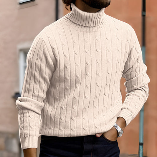 Men's cream ribbed roll-neck cable-knit jumper, slim fit, long sleeves.