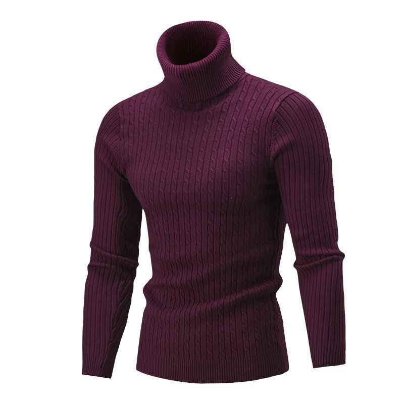 Men's burgundy ribbed roll-neck cable-knit jumper, slim fit, long sleeves.