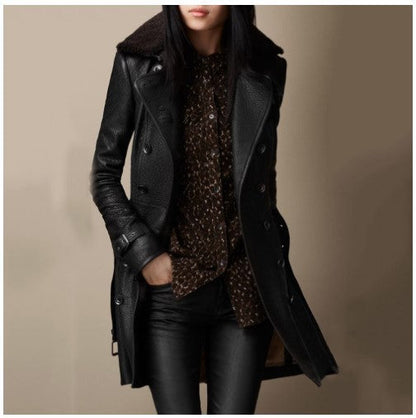 Black women's leather jacket with folded collar and double-breasted button front