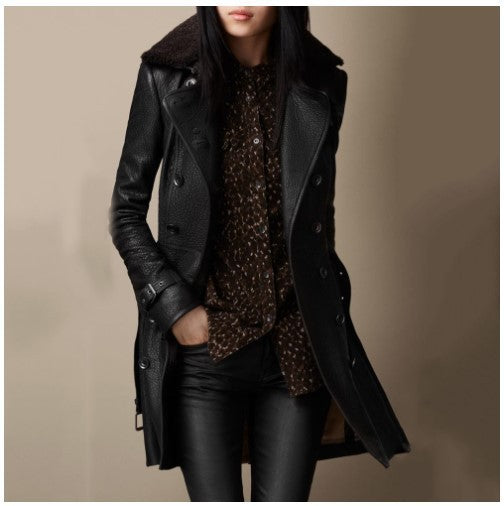 Black women's leather jacket with folded collar and double-breasted button front
