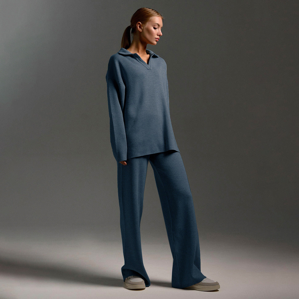 Women’s knit polo set with wide-leg trousers, blue front view