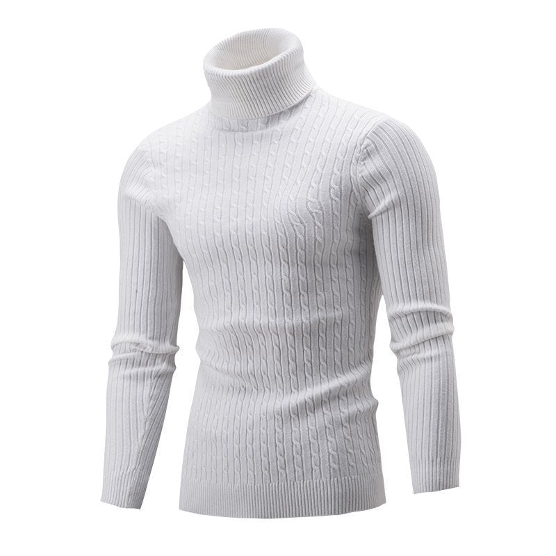 Men's slim-fit roll-neck cable knit jumper, white with ribbed cuffs and hem