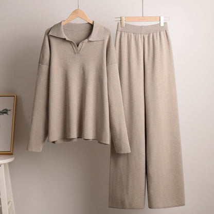 Women’s knit polo set with wide-leg trousers, light beige hanging set