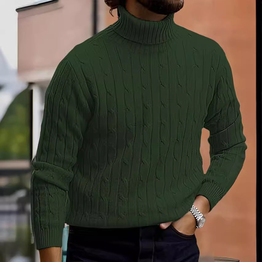 Men's dark green ribbed roll-neck cable-knit jumper, slim fit, long sleeves.