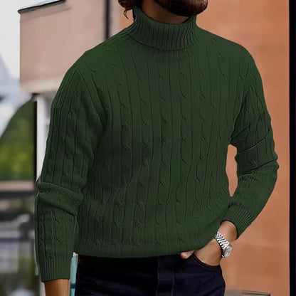 Men's dark green ribbed roll-neck cable-knit jumper, slim fit, long sleeves.