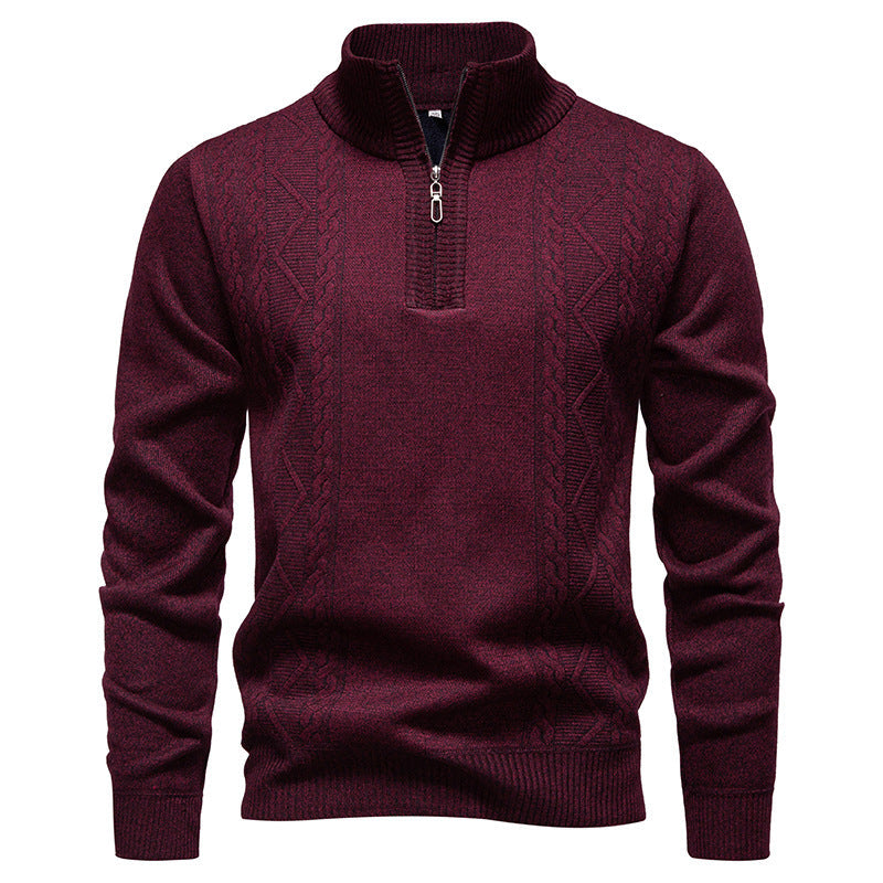 Men's knit half-zip pullover with stand collar and cable pattern, maroon