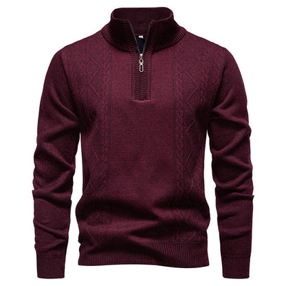 Men's knit half-zip pullover with stand collar and cable pattern, maroon