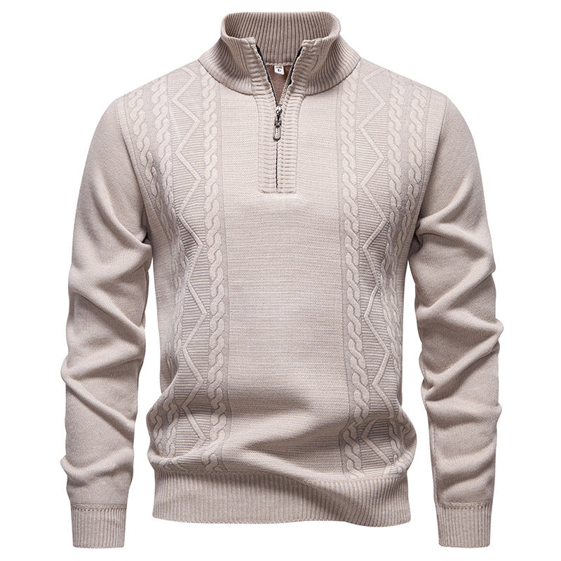 Men's knit half-zip pullover with stand collar and cable pattern, sand beige