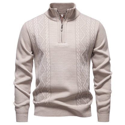 Men's knit half-zip pullover with stand collar and cable pattern, sand beige