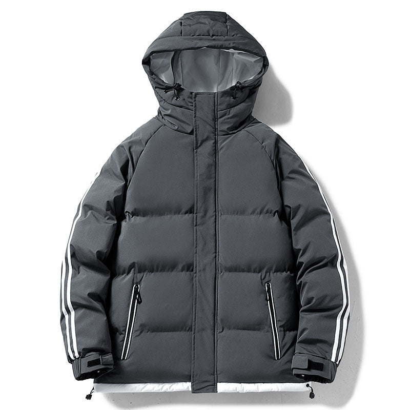 Men's quilted hooded winter jacket, dark gray, hooded zip front, contrast sleeve stripes