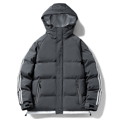 Men's quilted hooded winter jacket, dark gray, hooded zip front, contrast sleeve stripes