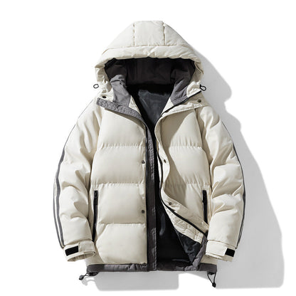 Men's quilted hooded winter jacket, off-white, contrast lining, zip front with snap placket