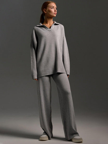 Women’s knit polo set with wide-leg trousers, heather grey front view
