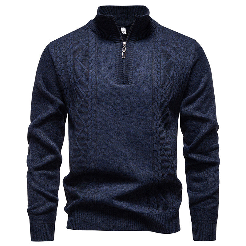 Men's knit half-zip pullover with stand collar and cable pattern, blue knit