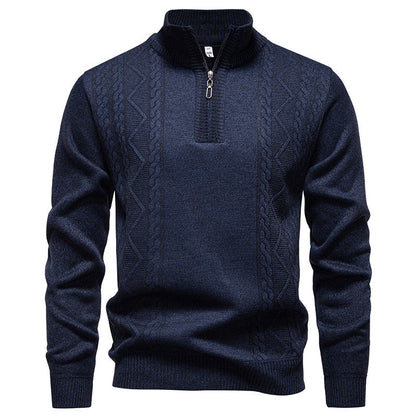 Men's knit half-zip pullover with stand collar and cable pattern, blue knit