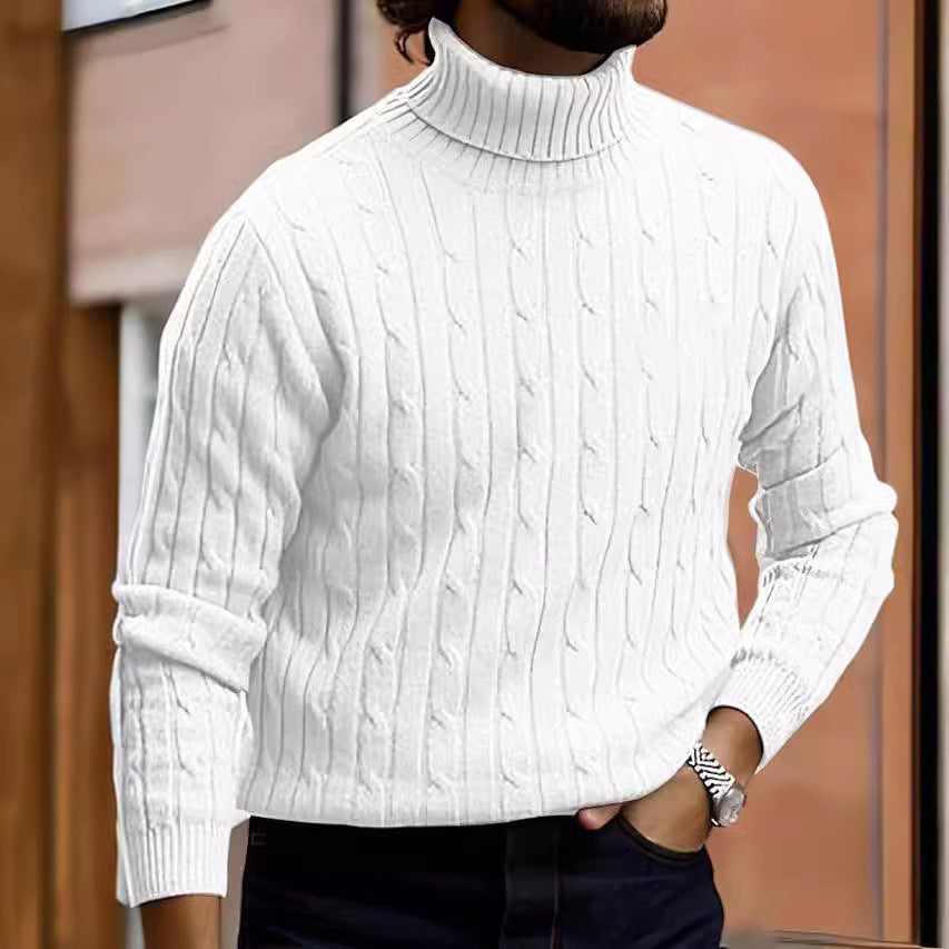 Men's cream roll-neck cable-knit jumper with ribbed collar and slim fit, long sleeves.