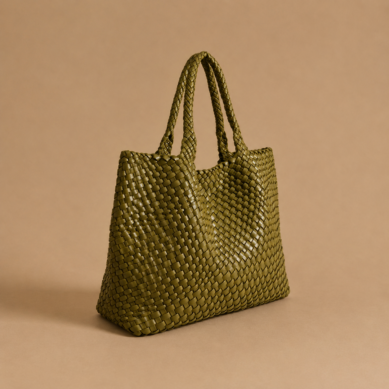 Womens woven tote bag with top handles, olive green woven texture.