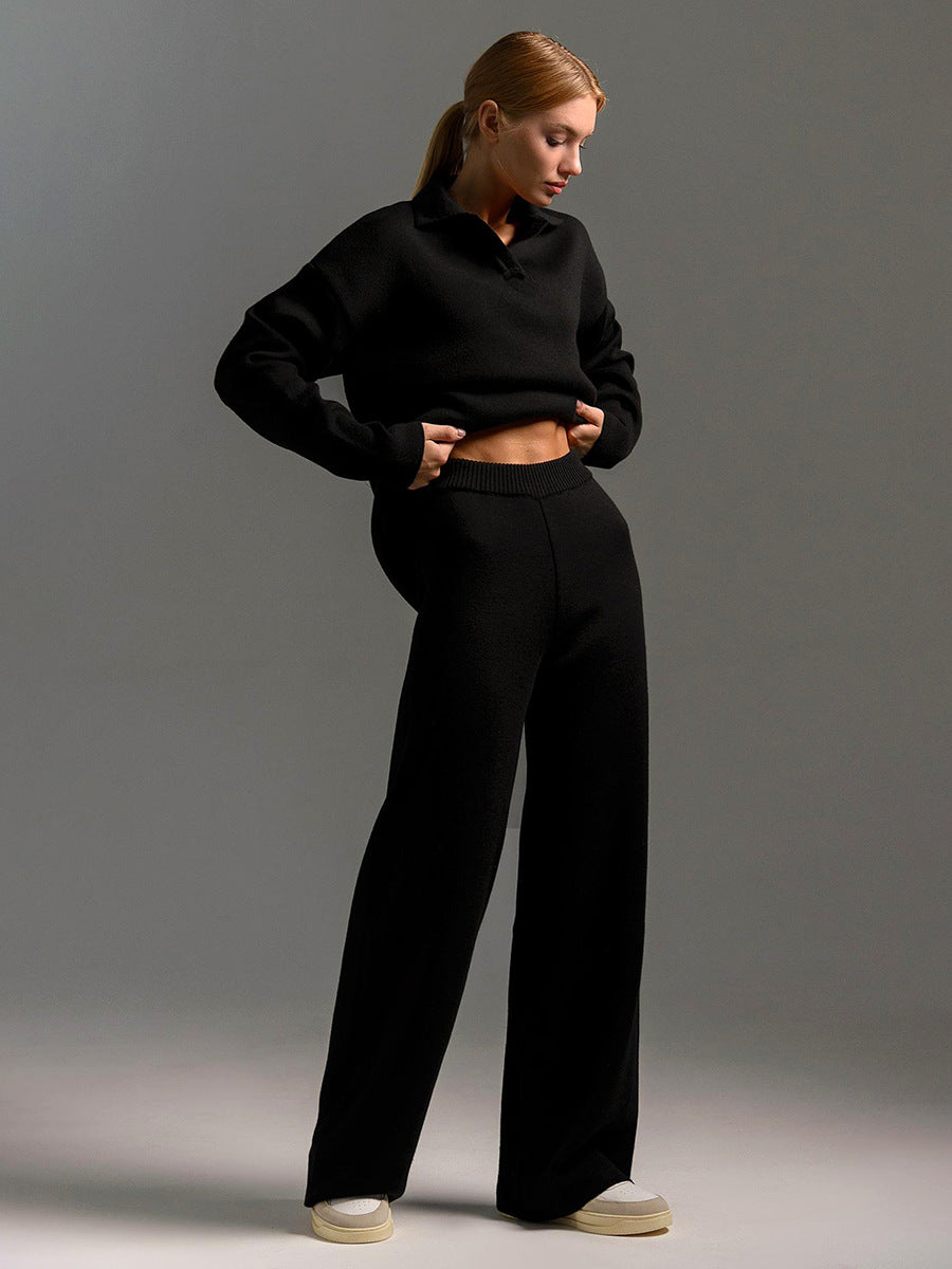 Black polo sweater with wide-leg trousers, women's casual set