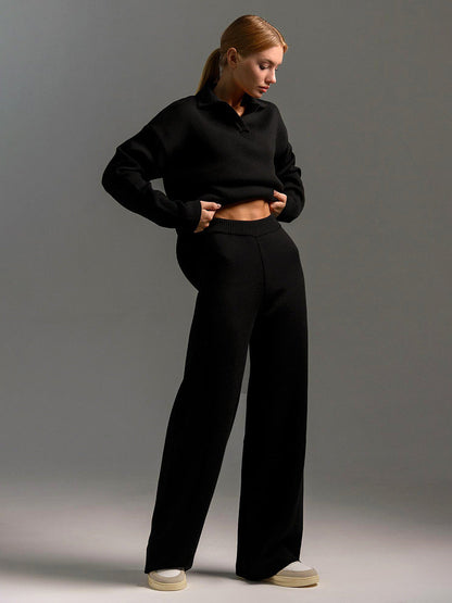 Black polo sweater with wide-leg trousers, women's casual set