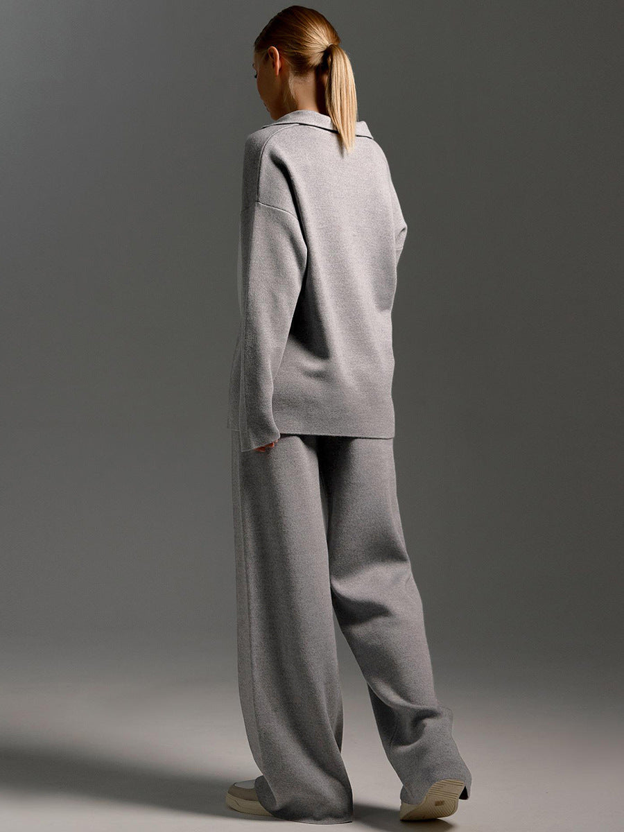 Women’s knit polo set with wide-leg trousers, heather grey back view