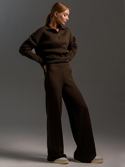 Women’s knit polo set with wide-leg trousers, dark brown side view