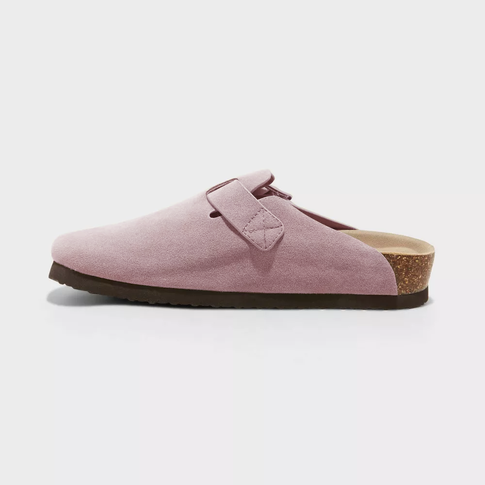 Suede clogs in taupe with adjustable buckle strap and textured dark outsole