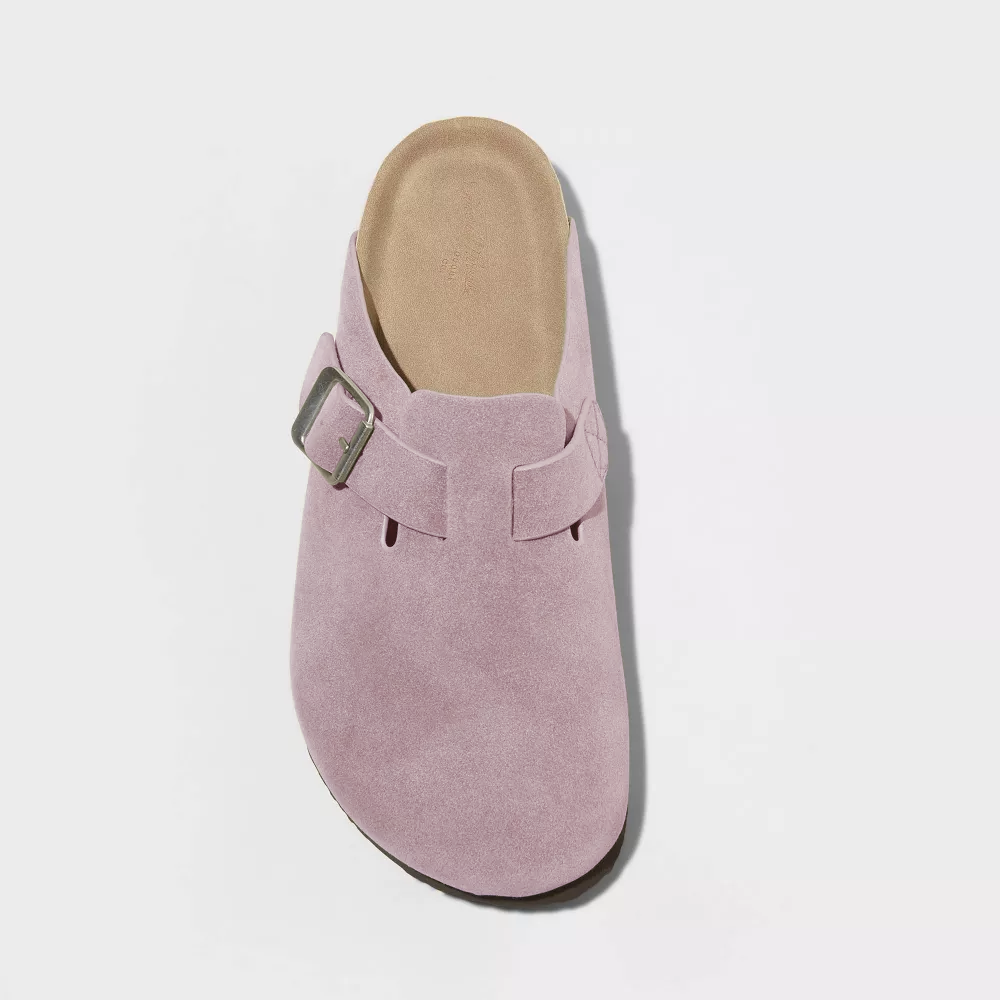 Taupe suede clog with front buckle strap and openwork dark outsole edge