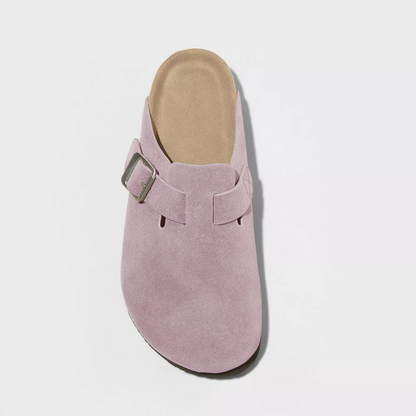 Taupe suede clog with front buckle strap and openwork dark outsole edge