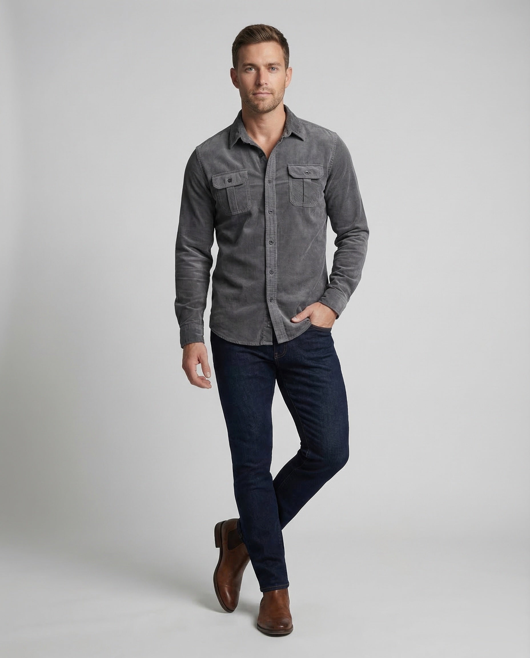 Men's grey long-sleeve corduroy utility shirt with button front and two chest pockets