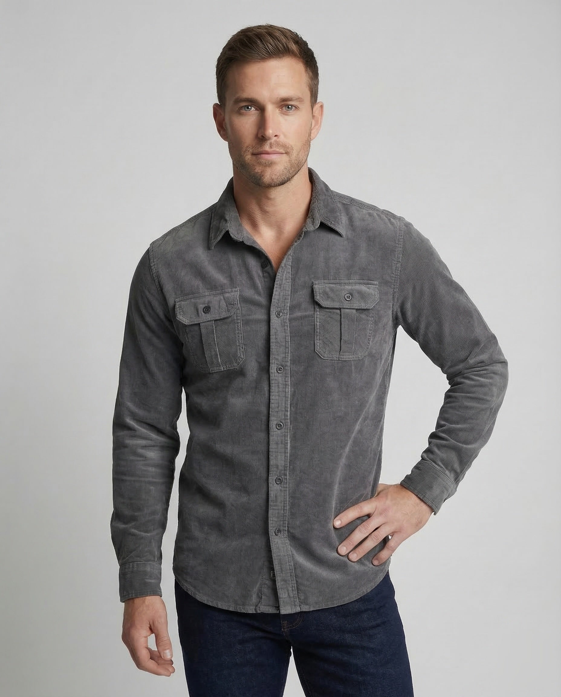 Men's grey long-sleeve corduroy utility shirt with spread collar, button front, chest pockets