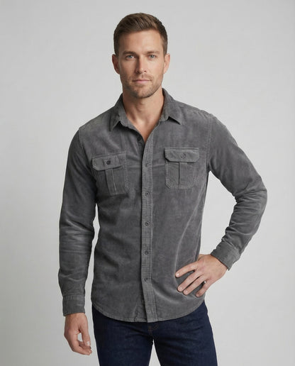 Men's grey long-sleeve corduroy utility shirt with spread collar, button front, chest pockets