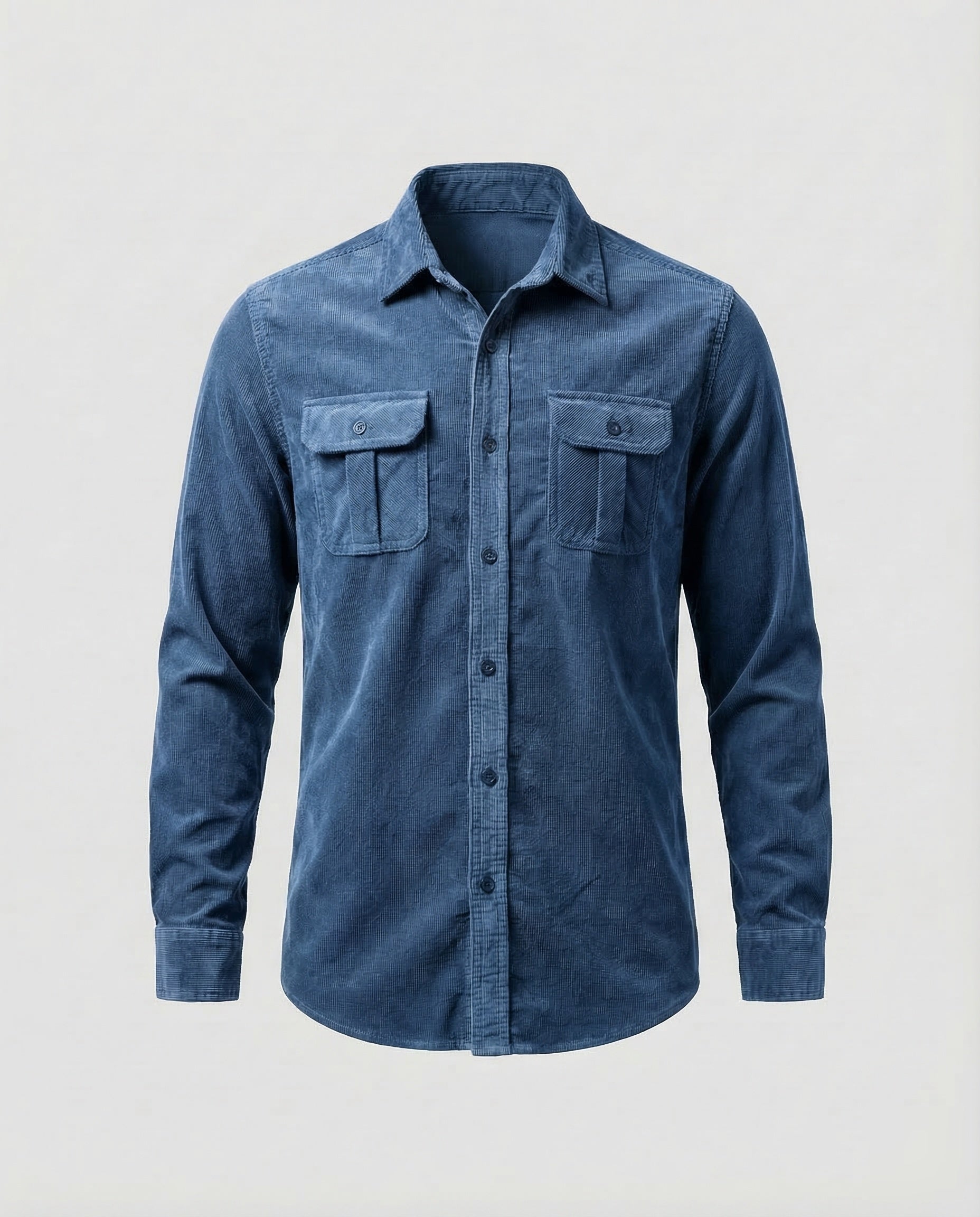 Men's blue long-sleeve corduroy utility shirt with button front and two chest flap pockets