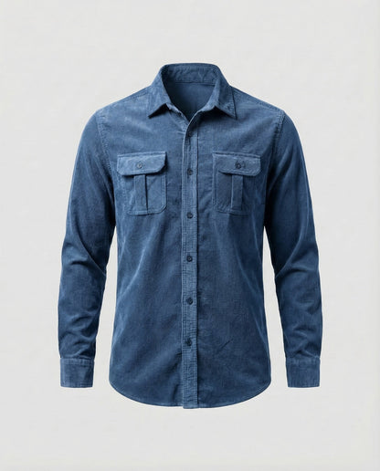 Men's blue long-sleeve corduroy utility shirt with button front and two chest flap pockets