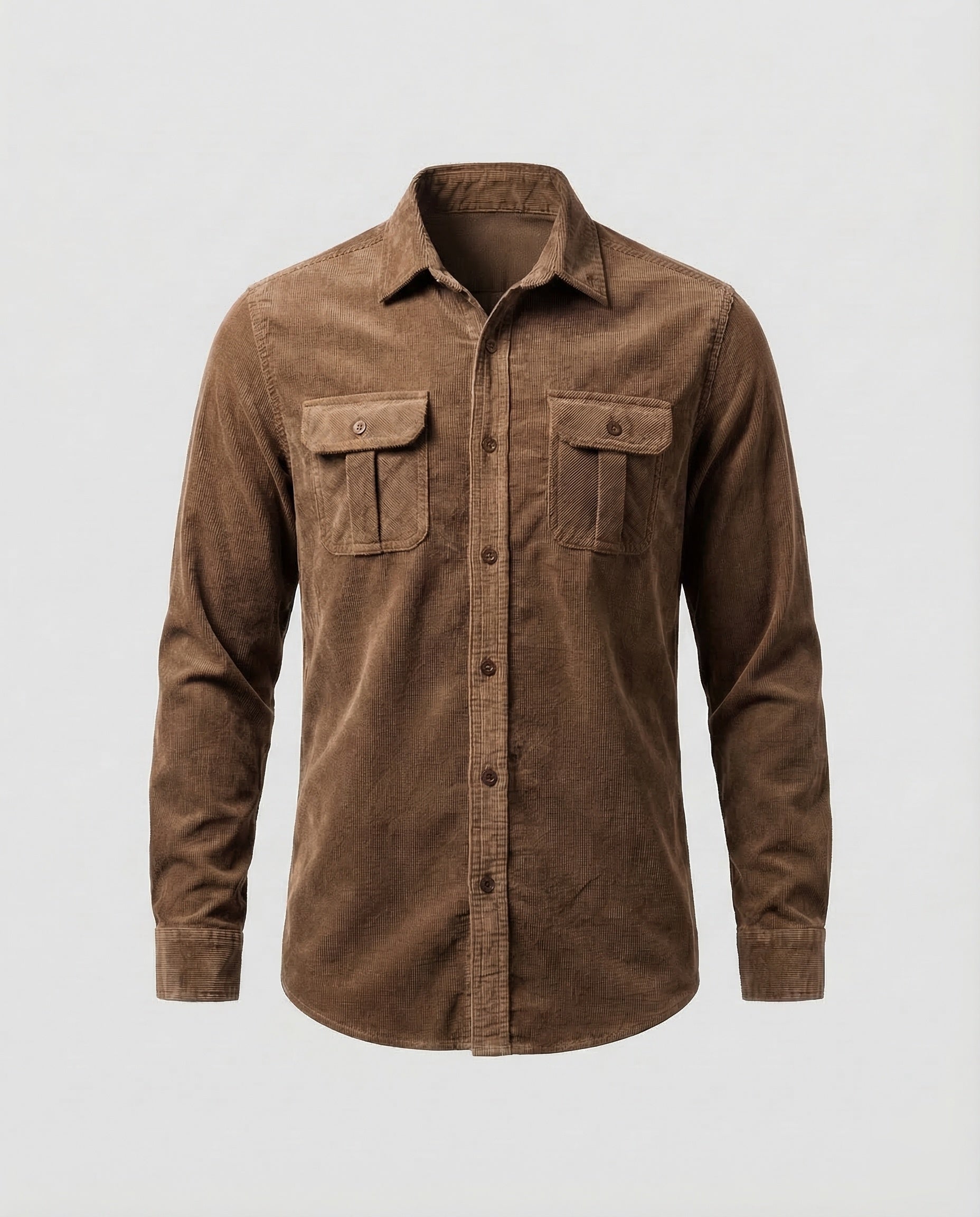 Men's brown long-sleeve corduroy utility shirt with button front and two chest flap pockets