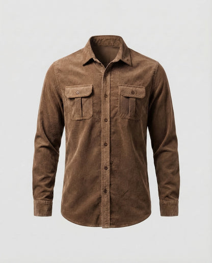Men's brown long-sleeve corduroy utility shirt with button front and two chest flap pockets