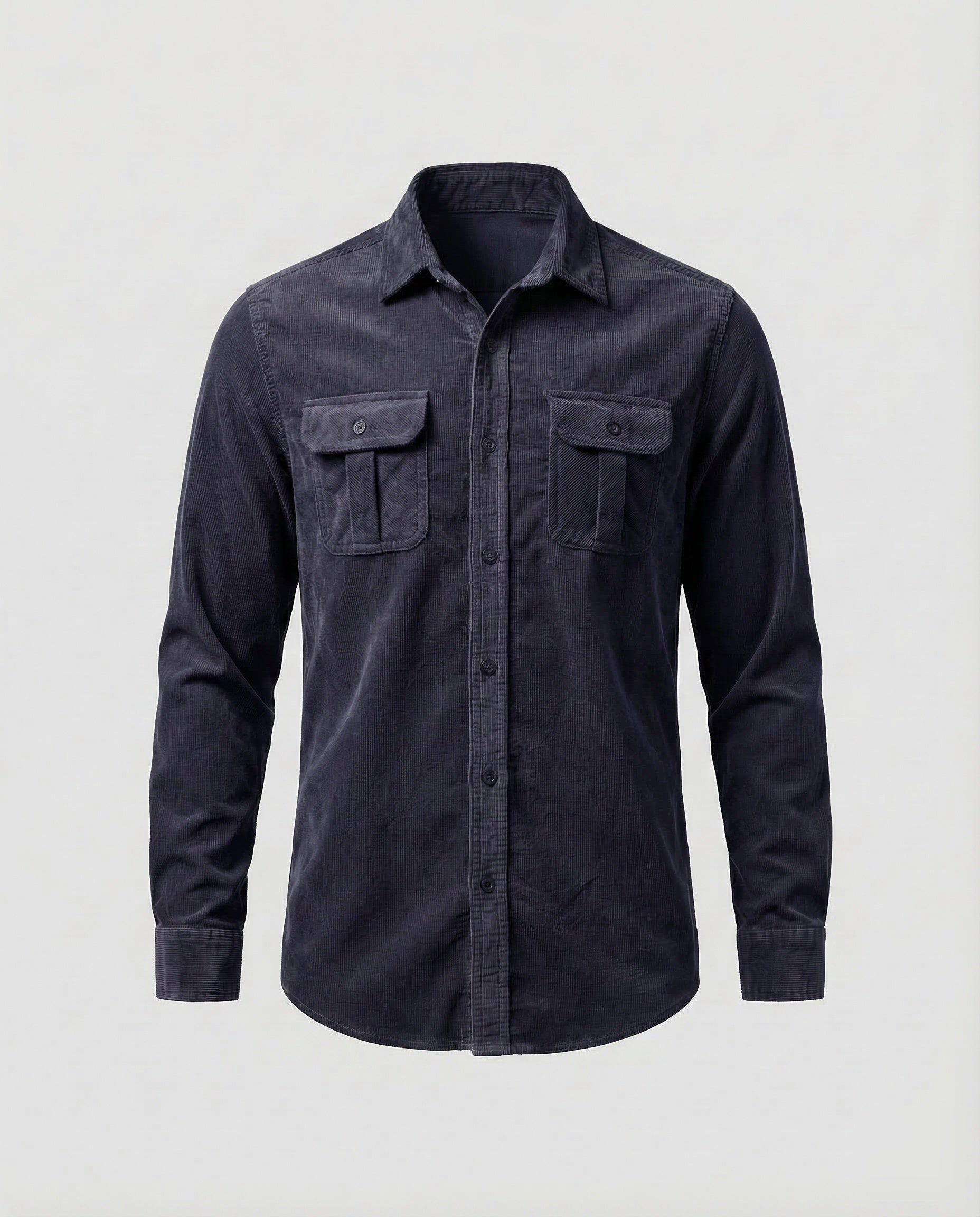 Men's dark blue long-sleeve corduroy utility shirt with button front and two chest flap pockets