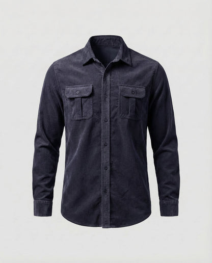Men's dark blue long-sleeve corduroy utility shirt with button front and two chest flap pockets
