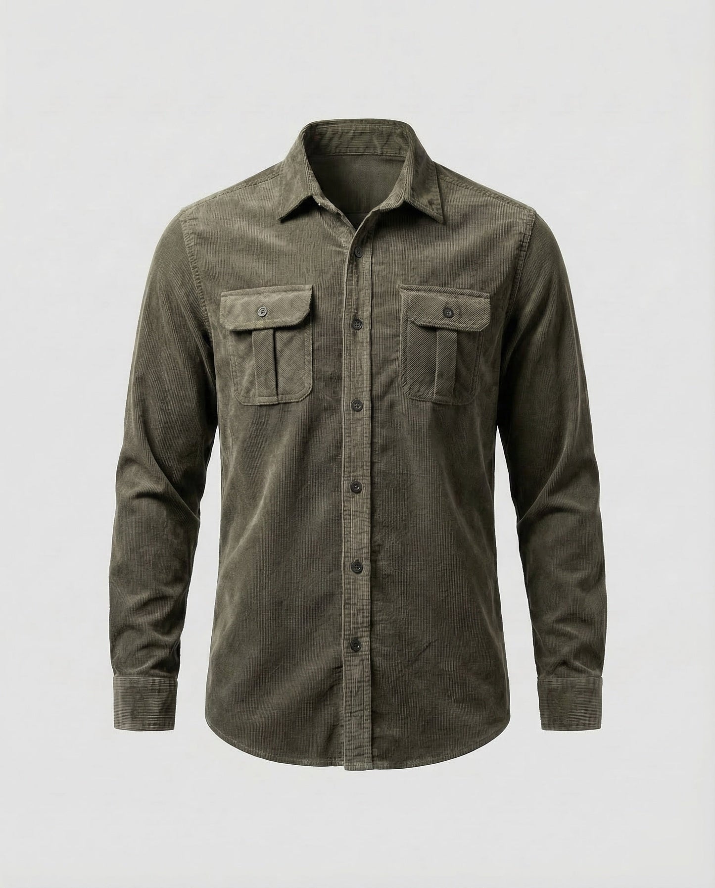Men's green long-sleeve corduroy utility shirt with button front and two chest flap pockets