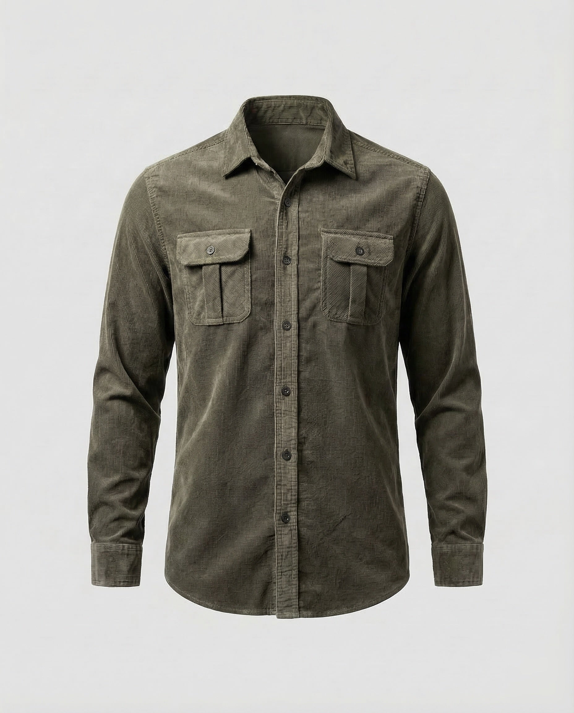 Men's green long-sleeve corduroy utility shirt with button front and two chest flap pockets