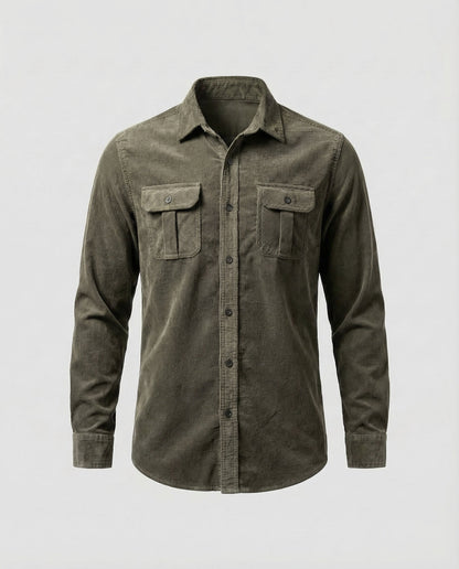 Men's green long-sleeve corduroy utility shirt with button front and two chest flap pockets