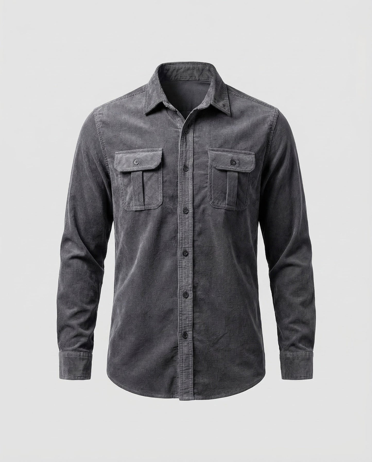 Men's grey long-sleeve corduroy utility shirt, button front with two chest flap pockets