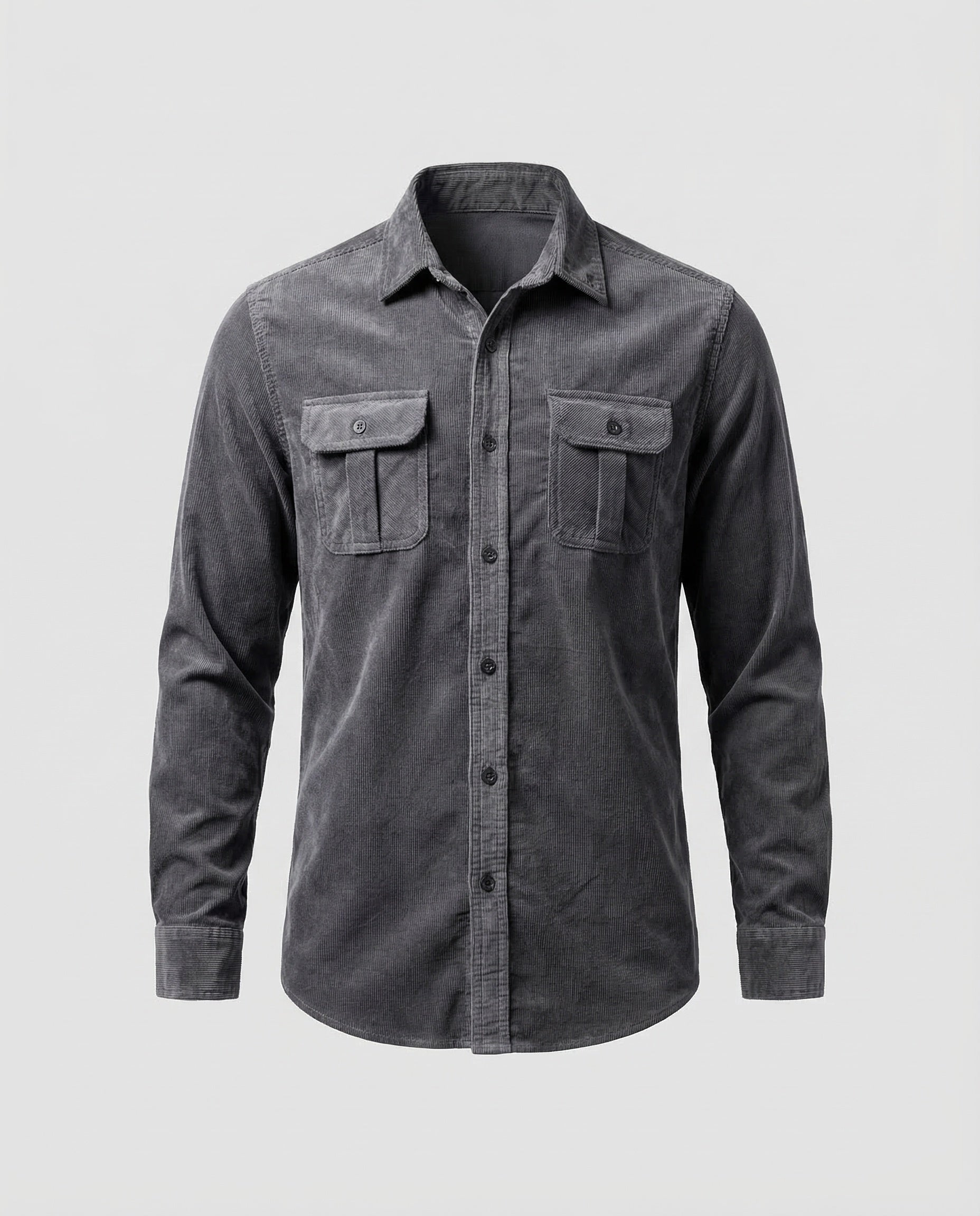 Men's grey long-sleeve corduroy utility shirt, button front with two chest flap pockets