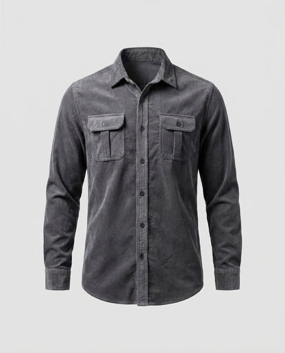 Men's grey long-sleeve corduroy utility shirt, button front with two chest flap pockets