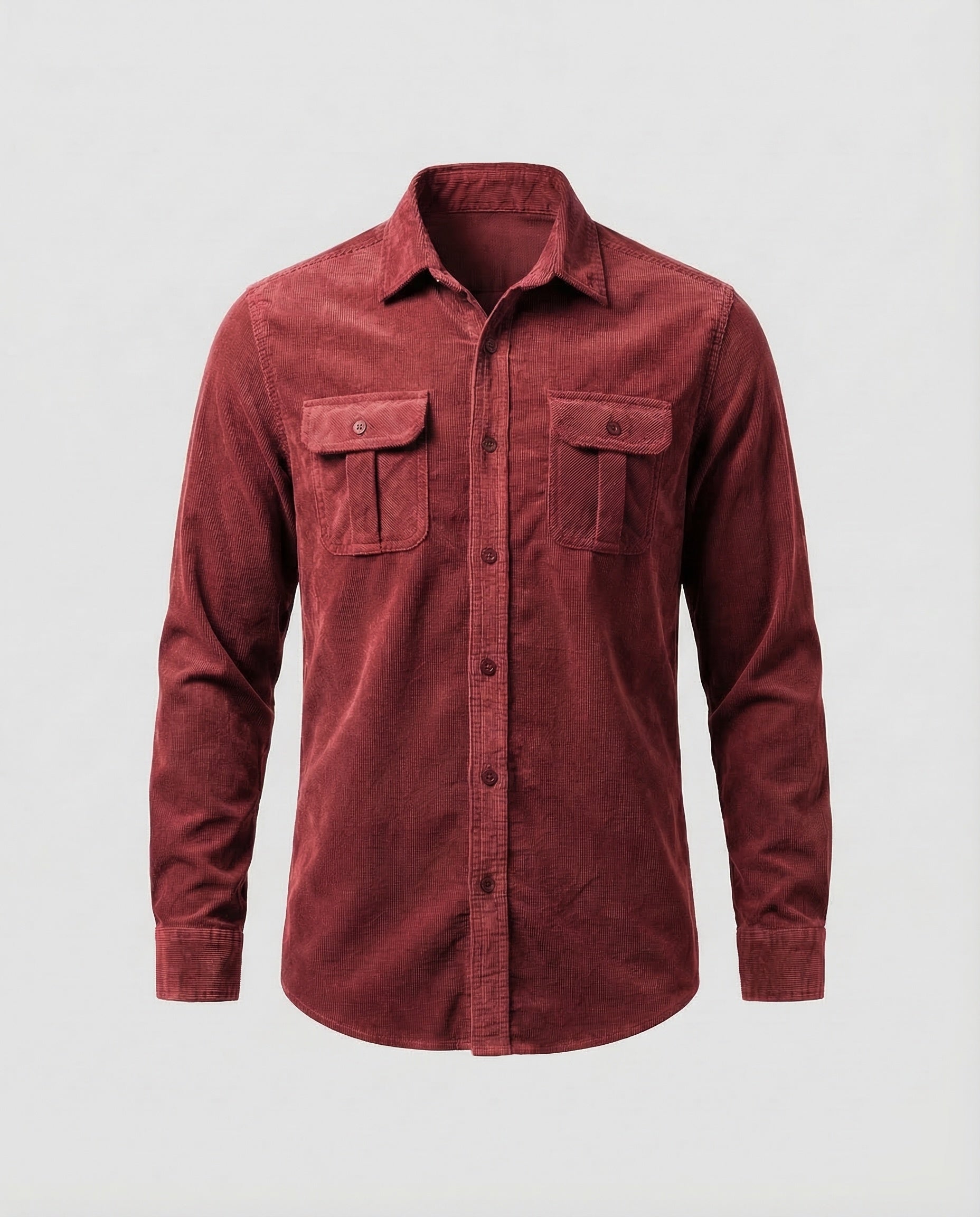 Men's red long-sleeve corduroy utility shirt with button front and two chest flap pockets