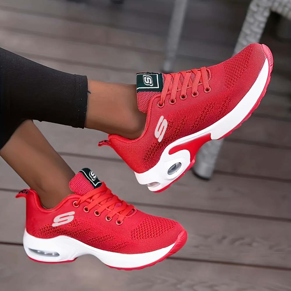 Women's orthopaedic trainers, red knit lace-up with white cushioned sole and ankle tab