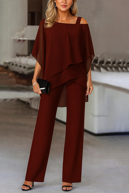Women’s evening pants set in dark red: layered cold-shoulder blouse and wide-leg trousers