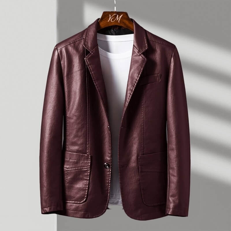 Burgundy red leather jacket with notched lapels and two front flap pockets
