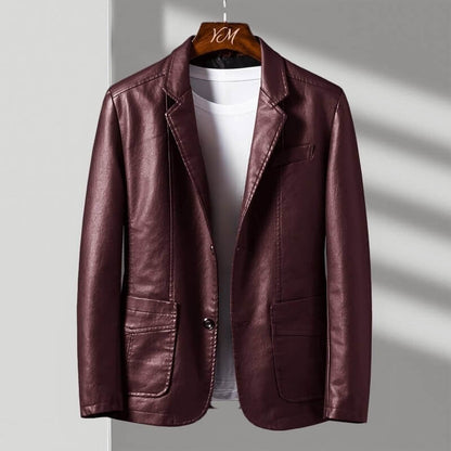 Burgundy red leather jacket with notched lapels and two front flap pockets